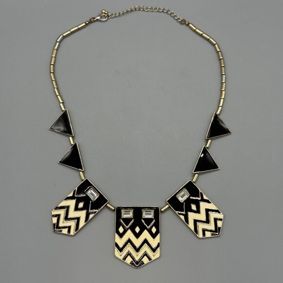 Vintage Gold Tone Chevron Enamel Black Cream Rhinestone Bib Necklace 18" READ - Picture 7 of 15